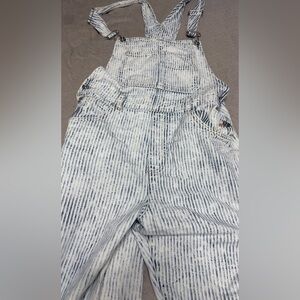 Free People White and Blue Striped Denim Overalls